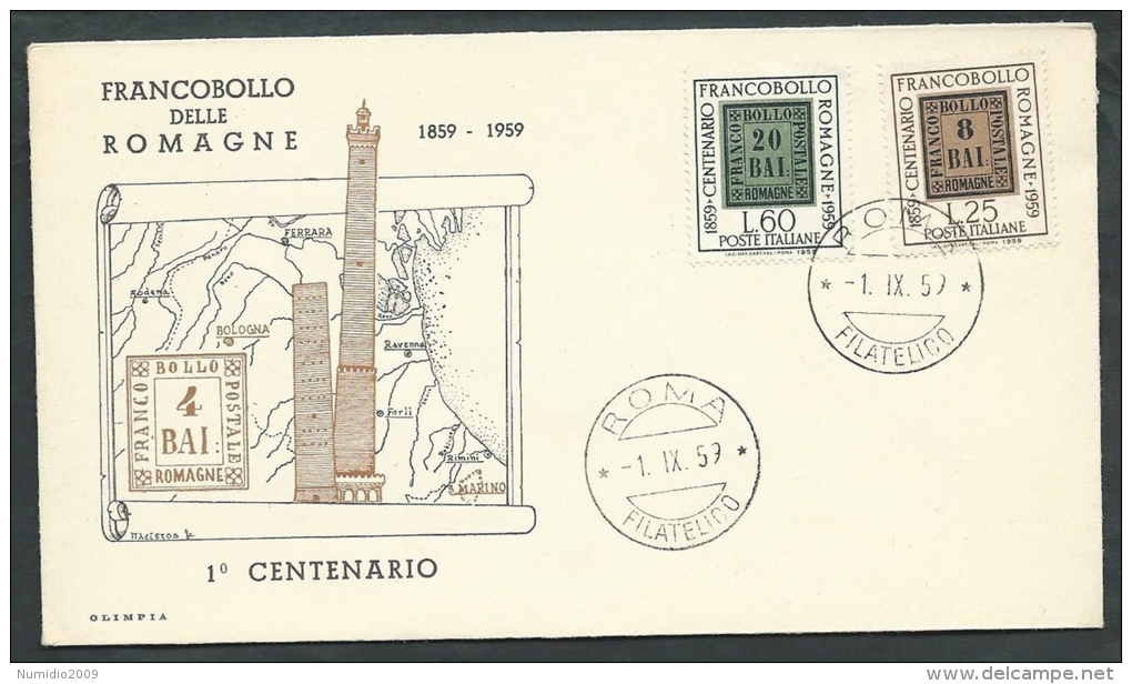 1959 ITALIA FDC OLIMPIA FRANCOBOLLI ROMAGNE NO TIMBRO ARRIVO - RD18 - FDC