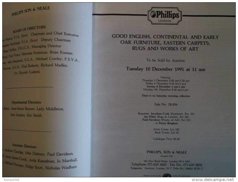 1991 PHILLIPS English Continental & Early Oak Furniture EASTERN CARPETS Works Of Art Catalogue Illustré - Andere & Zonder Classificatie