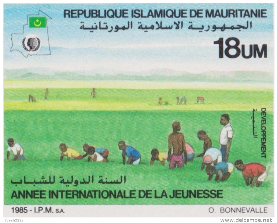 Mauritanie 1985 Y&T 572/4. Épreuve. Année Internationale De La Jeunesse. Rizières, Bois Mort, Bras Tendus, Colombe - Agriculture