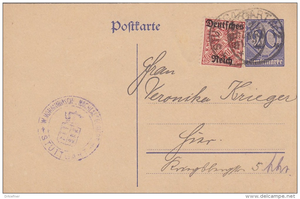 INFLA-Dienst-Ganzsache: Dt. Reich DP 5, Mit ZFr. DRD 58, Gestempelt: Stuttgart 22.MRZ 1921 - Sonstige & Ohne Zuordnung