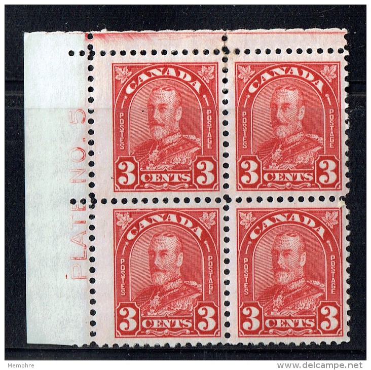 1931  George V  3 Cent Arch Issue  UL Plate 5  Block  Sc 167   MH - Neufs