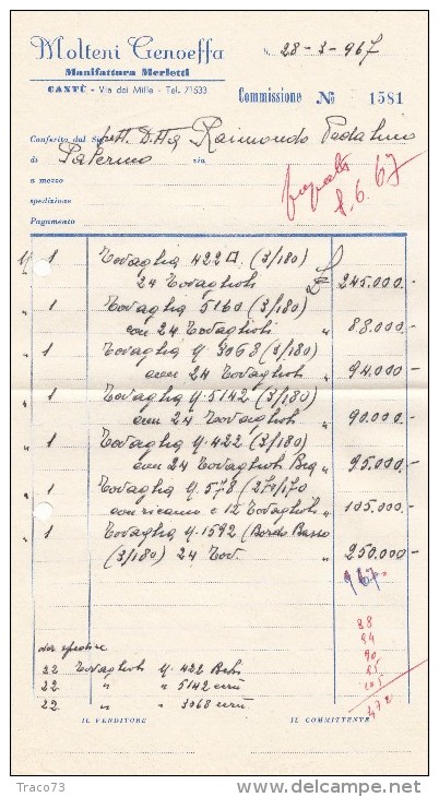 CANTU´  - 1967 /   Corrispondenza  Commerciale - Fattura   " MOLTENI GENOEFFA " - Italia