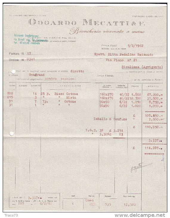 FIRENZE - 1962 /   Corrispondenza  Commerciale - Fattura   " ODOARDO MECATTINI  & F. " - Italia