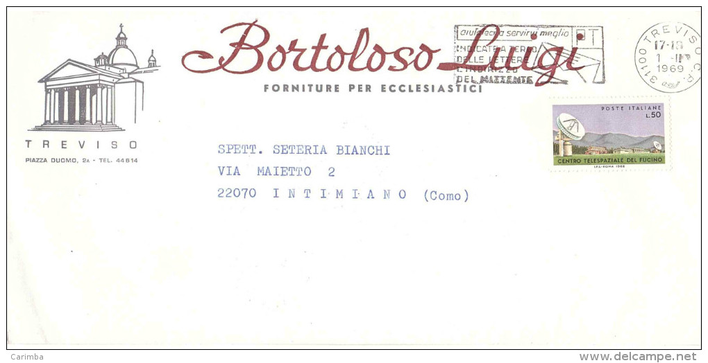 £50 CENTRO TELESPAZIALE DEL FUCINO SU BUSTA BORTOLOSO LUIGI FORNITORE X ECCLESIASTICI TREVISO - 1961-70: Storia Postale