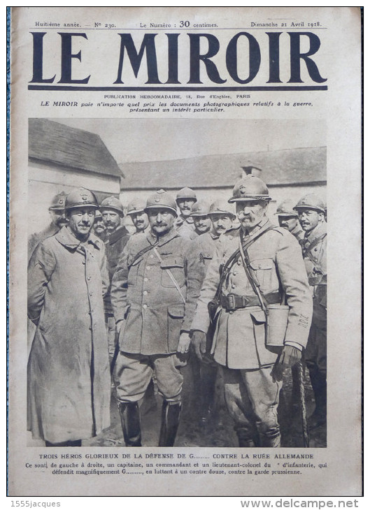 LE MIROIR N° 230 / 21-04-1918 CUISINIER ARTILLERIE GEORGE V EXODE OISE GAZ JAPON SIBÉRIE UKRAINE TRANSMISSIONS DRAGONS - Guerre 1914-18