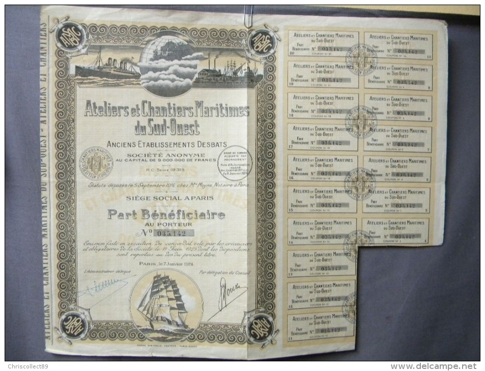 Action Coupon  : Ateliers Maritimes Du Sud Ouest- Ancien établissements Desbats  - Paris Le 7 Janvier 1924 - Banque & Assurance