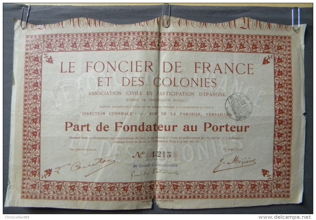 Action Coupon  : Le Foncier De France Et Des Colonies  - Part De Fondateur Au Porteur - Banque & Assurance