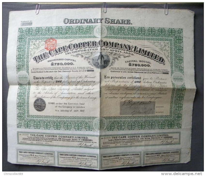 Action Coupon  Londres : The Cape Copper Company Limited : Share One   18 Octobre 1907 - Banque & Assurance