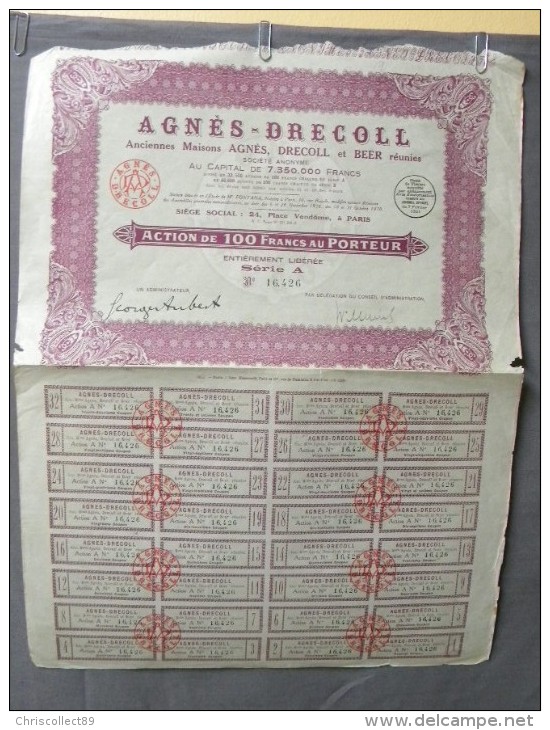 Action Coupon : Agnés - Decoll -100 Francs Au Porteur - Paris  1930 - Banca & Assicurazione