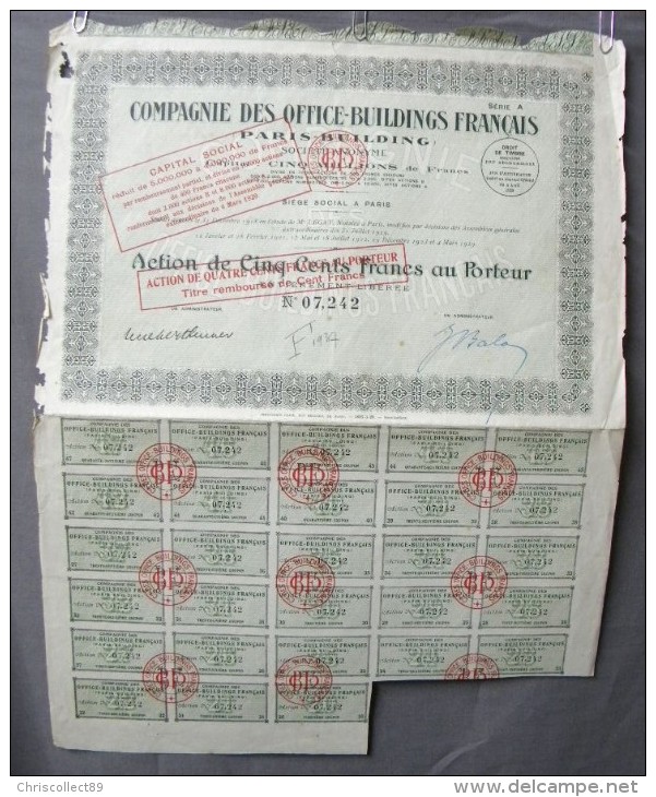 Action Coupon : Compagnie Des Office-Buildings Français -  500 Francs Au Porteur Série B   - Paris  1929 - Banque & Assurance