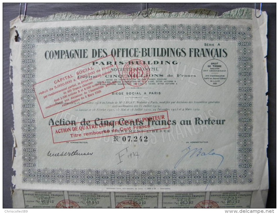 Action Coupon : Compagnie Des Office-Buildings Français -  500 Francs Au Porteur Série B   - Paris  1929 - Banque & Assurance