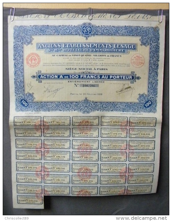 Action Coupon : Anciens établissements Lesage - Ste Hôtelière & Immobilière - Action A .100 Francs  - Paris 1928 - Banque & Assurance