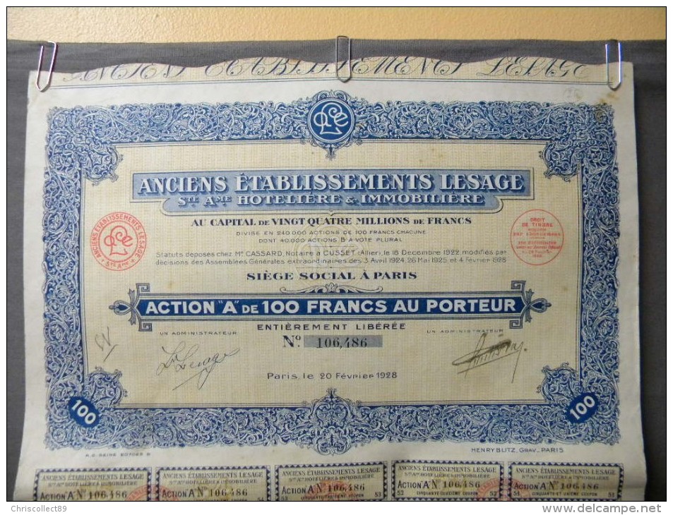 Action Coupon : Anciens établissements Lesage - Ste Hôtelière & Immobilière - Action A .100 Francs  - Paris 1928 - Banque & Assurance