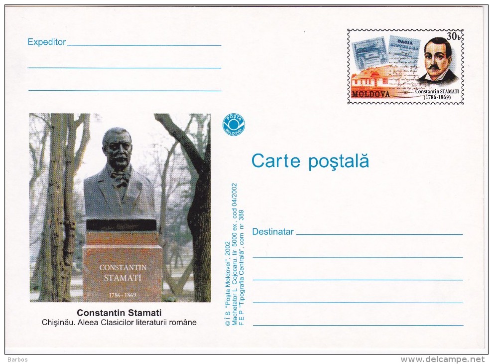 Moldova   Moldavie   Moldawien   Moldau    2002 , Chisinau , Monument Of  Writer  C.Stamati , Pre-paid Postcard - Moldova