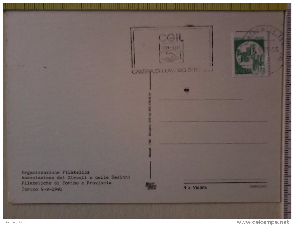 Cart.  -  CGIL - 1891-1991 -Centenario Camera Del Lavoro Di Torino- Annullo Filatelico - Gewerkschaften