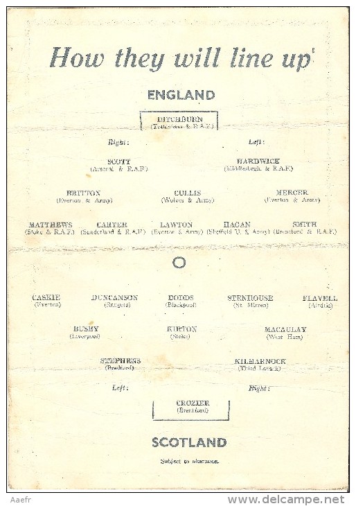 Football Programme ENGLAND - SCOTLAND At WEMBLEY 19th February 1944 - Matt Busby - Programs