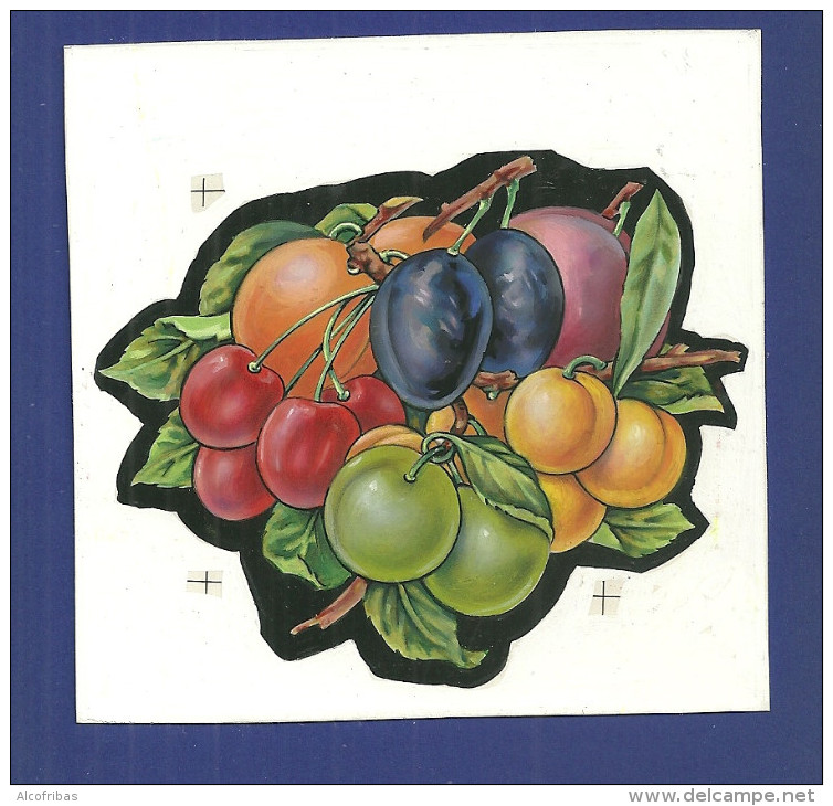 Etiquettes Superbe Dessin Original Pour Etiquette Gouache Fruits Cerises Prunes Abricots Peche Reine Claude - Fruits & Vegetables