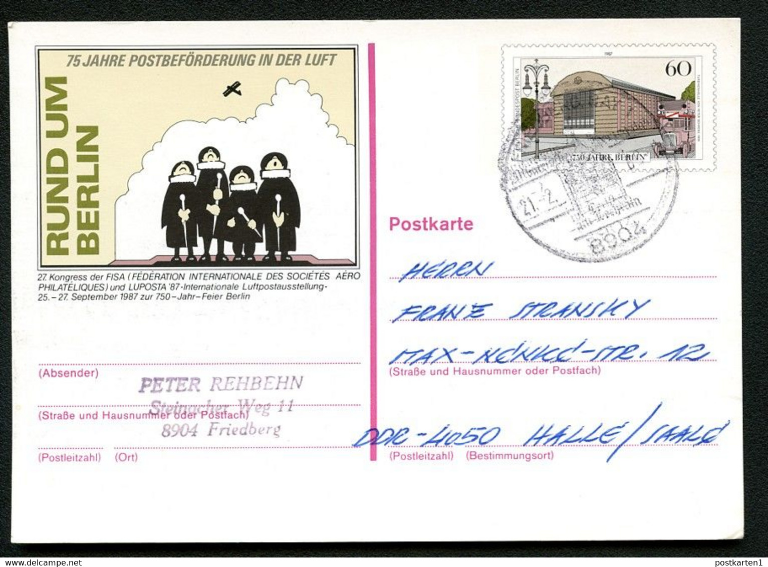BERLIN P127 Postkarte LUPOSTA Gelaufen Friedberg-Halle 1989 - Cartes Postales - Oblitérées