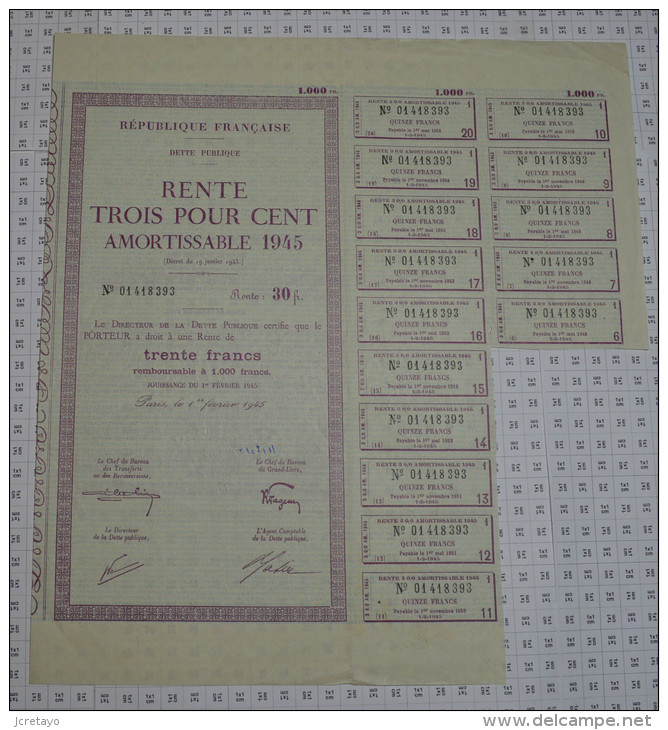 Republique Française, Rente De 30 Frs De 1945 - Banque & Assurance