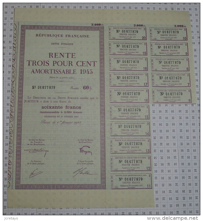 Republique Française, Rente De 60 Frs De 1945 - Banque & Assurance