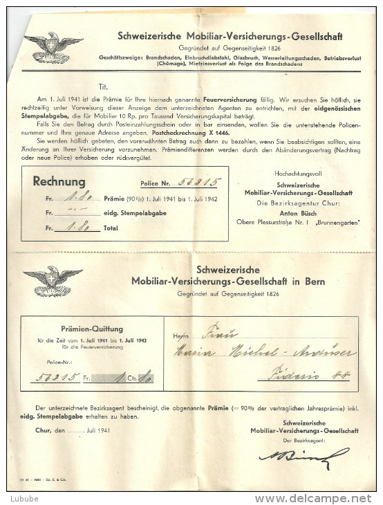 Prämien Rechnung  "Schweiz. Mobiliar Versicherungs Gesellschaft, Chur"           1942 - Svizzera