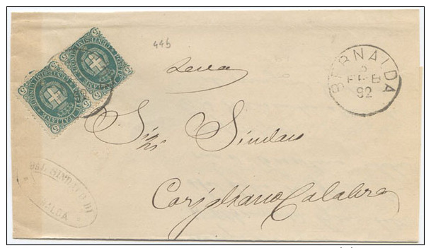 1891 STEMMA VERDE MIRTO C. 5 COPPIA DA BERNALDA (COSENZA) 5.2.92 A CORIGLIANO TIMBRO DI ARRIVO E OTTIMA QUALITÀ (A501) - Storia Postale