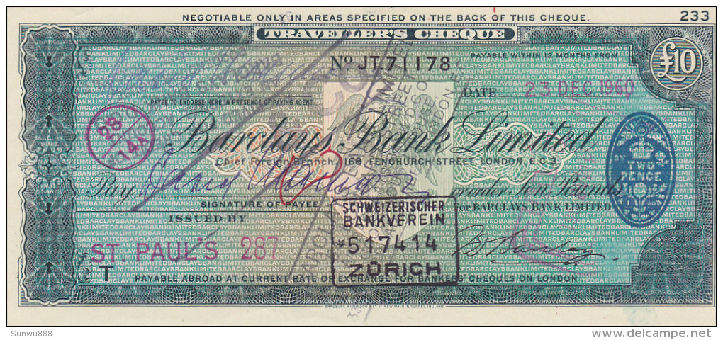 Traveller's Cheque 10 Pounds - Barclays Bank Ltd, 1960 - Collections