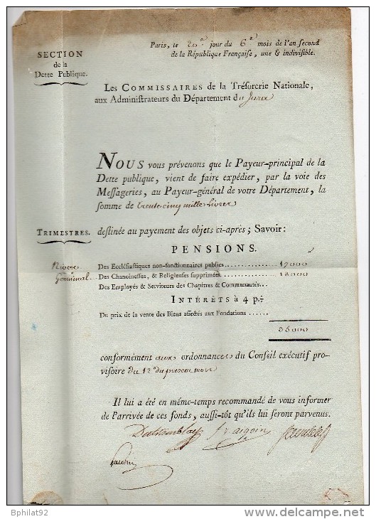 !!! MARQUE DE FRANCHISE TRESORERIE NATIONALE SUR LETTRE POUR LONS LE SAULNIER DE 1794 - 1701-1800: Précurseurs XVIII