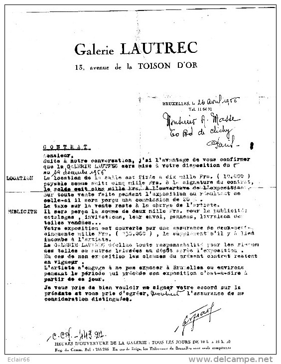 GALERIE LAUTREC   .LOT  De 7 DOCUMENTS    Année  1956-1957   BRUXELLES    Galerie Lautrec  13 Avenue De La TOISON D'OR - 1950 - ...