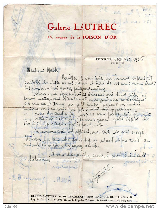 GALERIE LAUTREC   .LOT  De 7 DOCUMENTS    Année  1956-1957   BRUXELLES    Galerie Lautrec  13 Avenue De La TOISON D'OR - 1950 - ...
