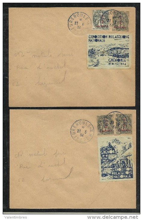 France  Exposition PhilatéliqueGrenoble 21.5.1934 Yt  157 Type Blanc + Vignette Sur 2 Enveloppes - Esposizioni Filateliche
