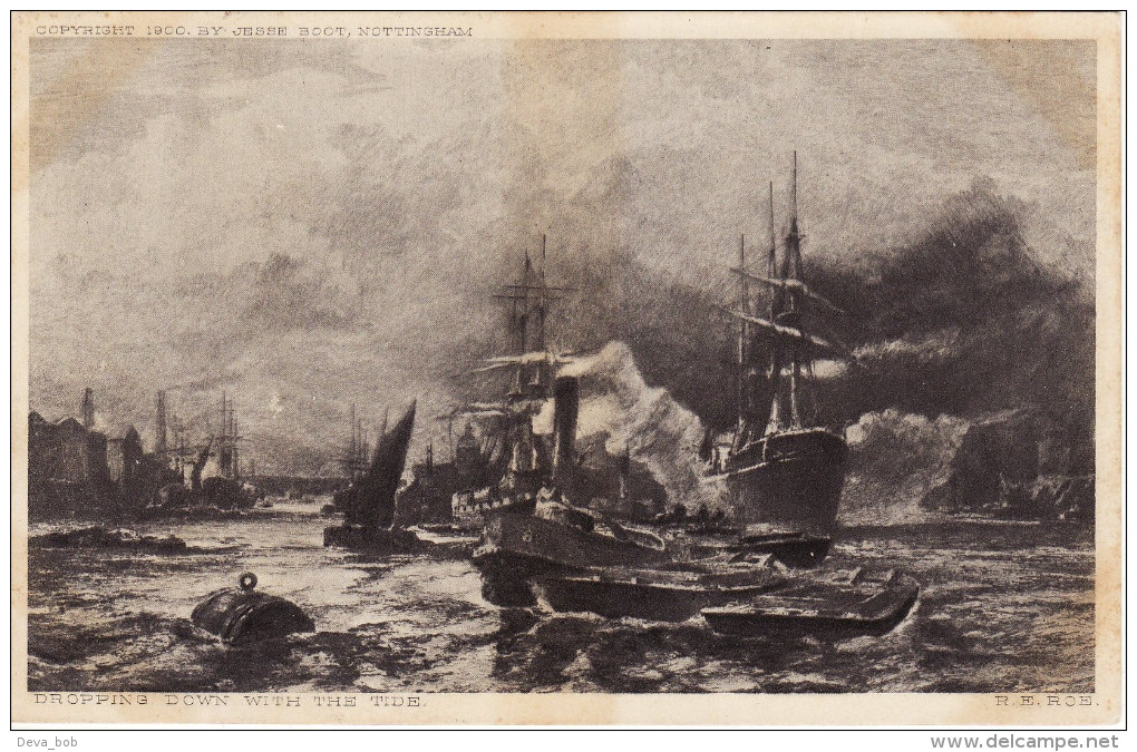 Victorian Maritime Art Postcard Dropping Down With The Tide RE Roe Boots Chemist - Remorqueurs