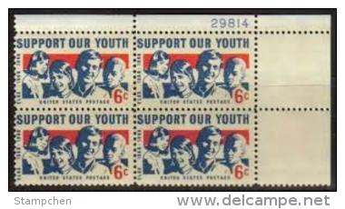 Plate Block -1968 USA Support Our Youth Stamp Sc#1342 Girl Boy - Other & Unclassified