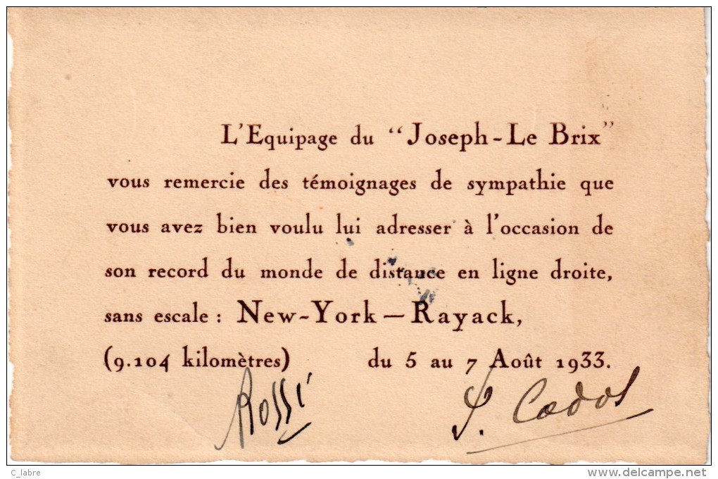 CARTE DE VISITE : DE L' ÉQUIPAGE DU " JOSEPH LE BRIX " . SIGNÉE DES PILOTES " CODOS ET ROSSI " . - Autres & Non Classés