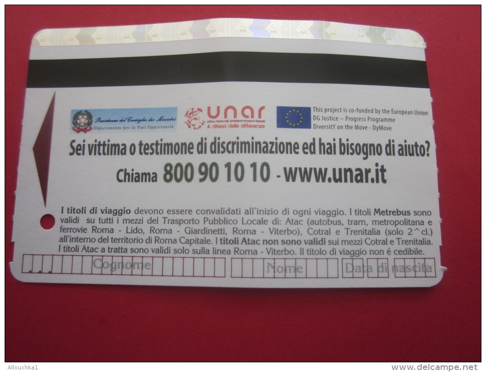 ROMA Billet Ticket Métro Bus Tramway à Rome Italie Italia Titre De Transport - Europe