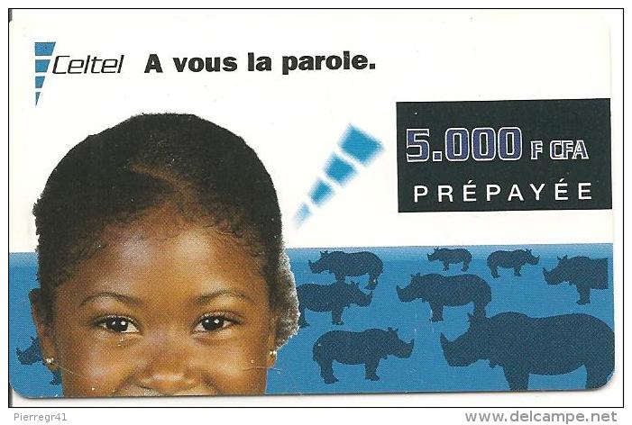 CARTE-PREPAYEE-GSM-GABON-5000F CFA-ENFANT Et RHINOCEROS-02/2002-TBE - Gabon