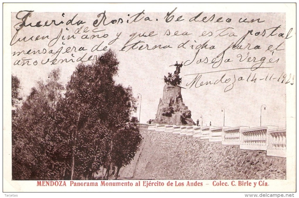 POSTAL DE MENDOZA DE PANORAMA MONUMENTO AL EJERCITO DE LOS ANDES DEL AÑO 1923 (COLEC. C. BIRLE Y CIA)  (ARGENTINA) - Argentina