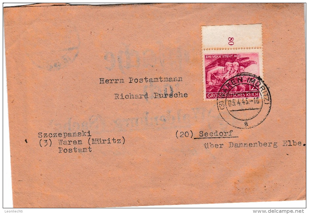 Brief V. Waren N. Seedorf Am 3.4.45.Zum DR 919. Innenseite :POSTSACHE Nach Waldenburg ( Sachs ) 27.3.45 - Storia Postale