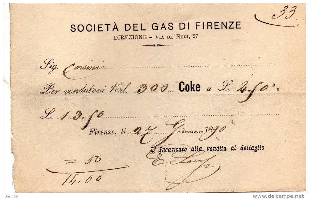 1890 SOCIETÀ DEL GAS DI FIRENZE - Altri & Non Classificati