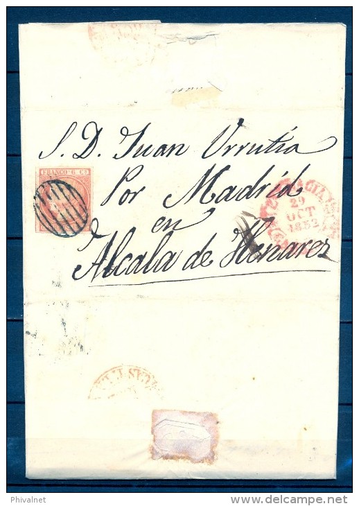 1852 PALENCIA, CARTA CIRCULADA ENTRE CISNEROS Y ALCALÁ DE HENARES, ED. 12, BAEZA, LLEGADA, MAT. PARRILLA NEGRA - Cartas & Documentos