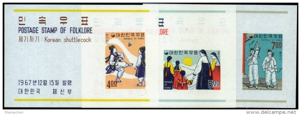 1967 South Korea Folklore (4th) Stamps Souvenir Sheet(s/s)  Costume Shuttlecock Moon Boy Girl Arhery Sport - Archery