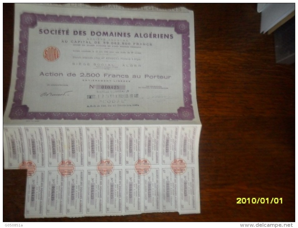 1964 - ACTION  2500  Frs (** SOCIETE Des DOMAINES ALGERIENS  )**++ COUPONS ) A ALGER - Afrika