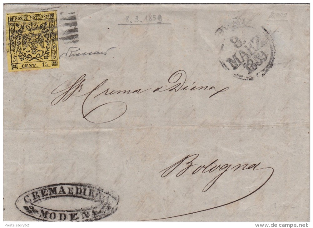 Modena 15 Centesimi Giallo , Antichi Stati Su Cover Con Contenuto Per Bologna Con Firma A Lato Anno 1859 - Modena