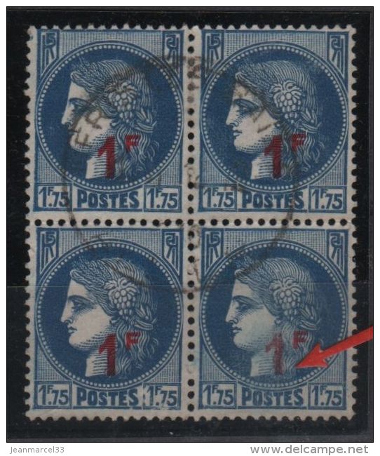 Timbres France Bloc De 4 Oblitéré N° 486 Variété " 1 Timbre Avec Surcharge Rose Au Lieu De Rouge Dans Bloc De 4 - Used Stamps