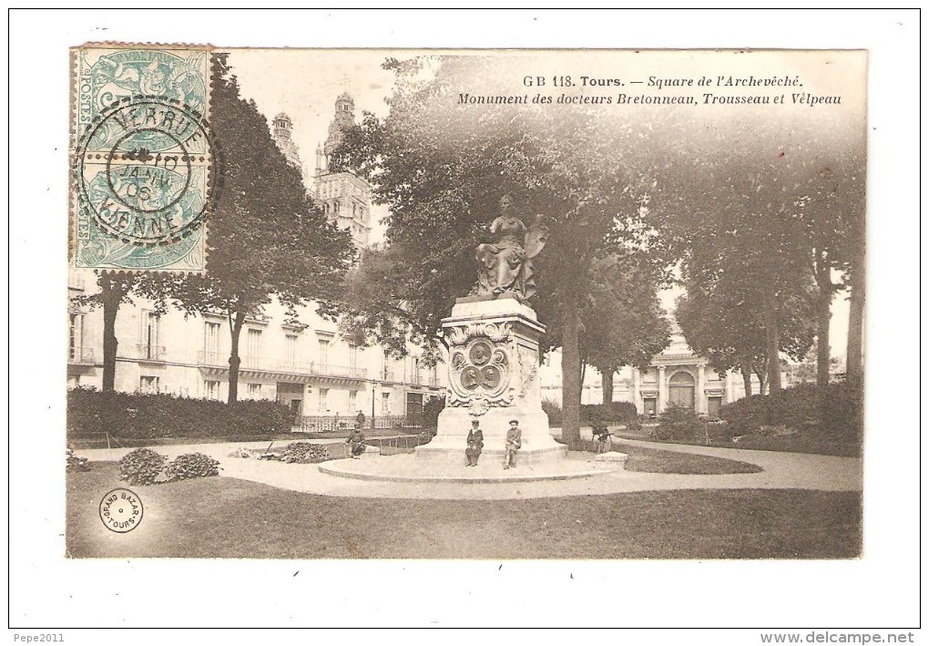 Cachets ( Recto / Verso )  )  86 - Vienne - VERRUE  1906  Sur Carte 37 - Tours : Square De L'Archevêché Monument - 1877-1920: Période Semi Moderne