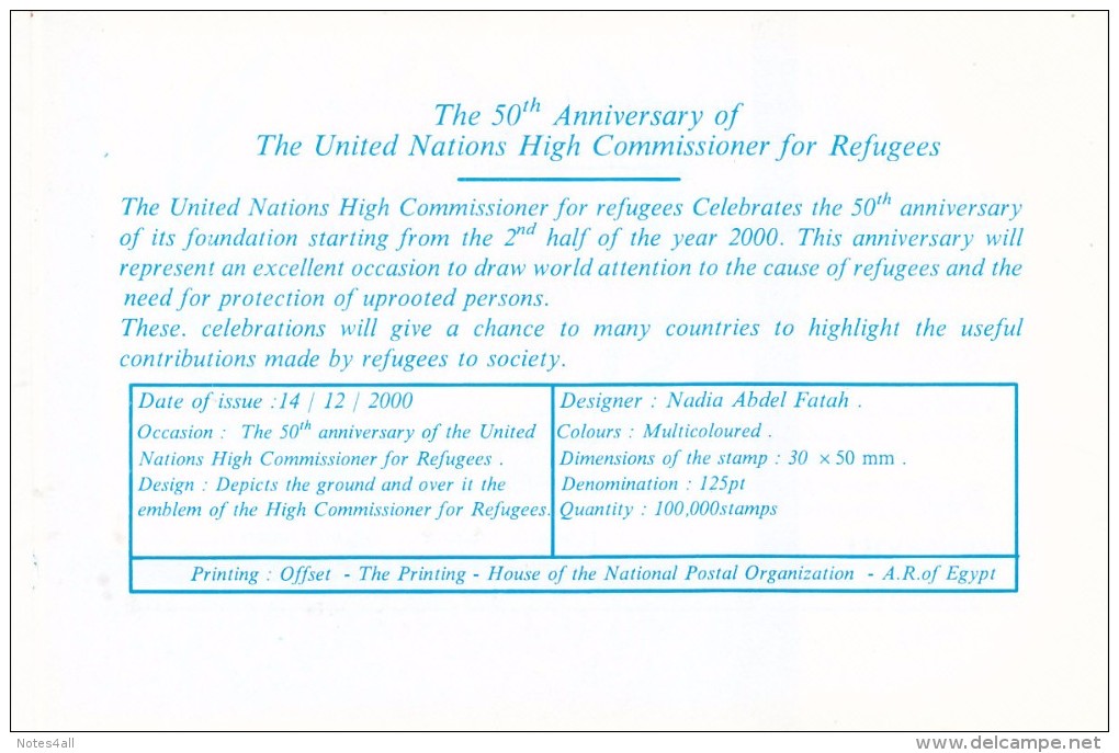 Stamps EGYPT 2000 SC-C241 UN HIGH COMMISSIONER FOR REFUGEES MNH WITH OFFICIAL BROCHURE  */* - Neufs