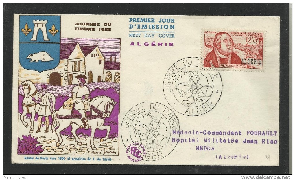 Algérie FDC Premier Jour Journée Timbre 1956 Alger Cheval Horse Pferd Caballo François De Tassis - FDC