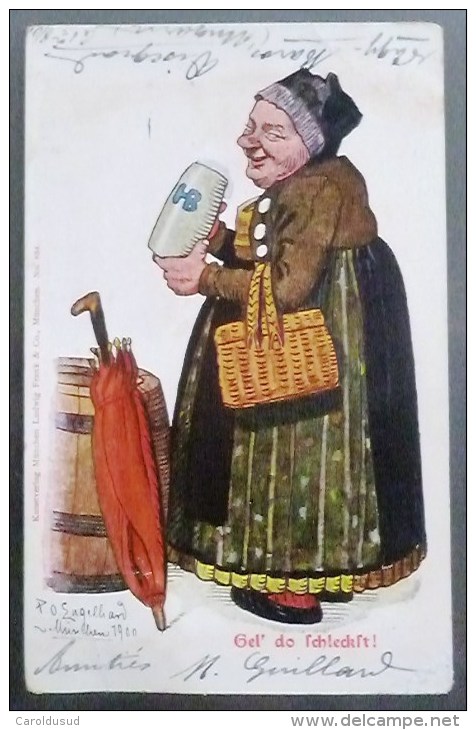 Chromo Illustrateur LUDWIG FRANK  P.O. Engelhard 1900 Laide Grosse Femme Parapluie Fut Chope Biere HB 1901 CACHET CLUNY - Humour