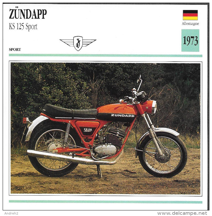 1973 - FICHE TECHNIQUE MOTO - DÉTAIL COMPLET À L´ENDOS - ZÜNDAPP KS 125 SPORT - ALLEMAGNE - Moto