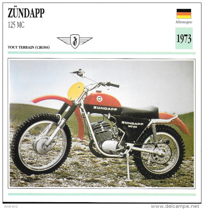 1973 - FICHE TECHNIQUE MOTO - DÉTAIL COMPLET À L´ENDOS - ZÜNDAPP 125 MC - TOUT TERRAIN - ALLEMAGNE - Motor Bikes